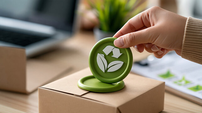 Close-up of a hand placing a generic green certification seal onto a recycled cardboard package beside a supplier sustainability checklist, natural studio lighting, sustainable
