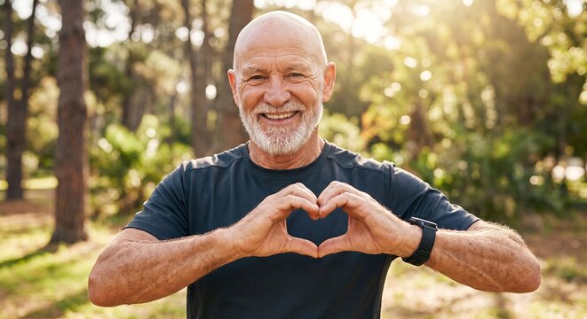 Senior man making heart shape with hands while smiling happily during outdoor fitness workout training in natural park sunshine