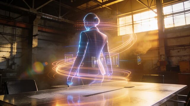 Materializing holographic professional in suit and bun, rotating behind metal table