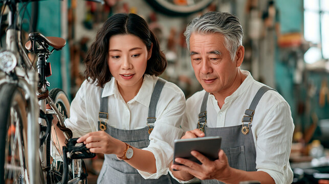 Female bicycle mechanic repairing a bike with senior colleague using a tablet in a workshop, combining technical skill, teamwork and digital technology