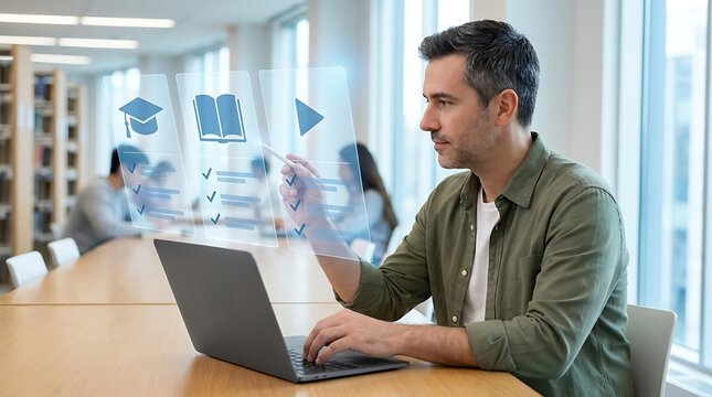 Man using laptop with holographic educational interface in modern library classroom with blurred students learning.