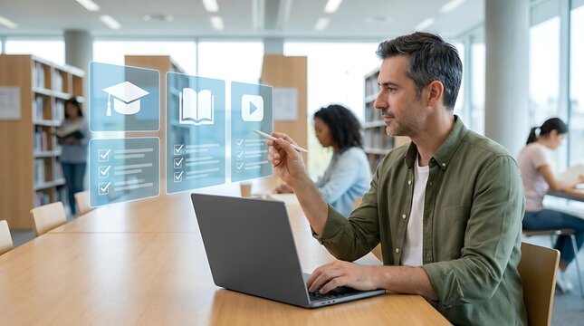 Man using laptop with holographic educational interface in modern library classroom with blurred students learning.