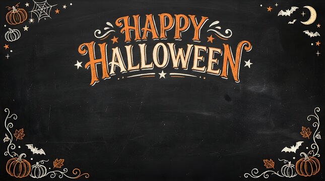 Chalkboard background with happy halloween typography, pumpkins, bats, and spiders for a spooky seasonal banner
