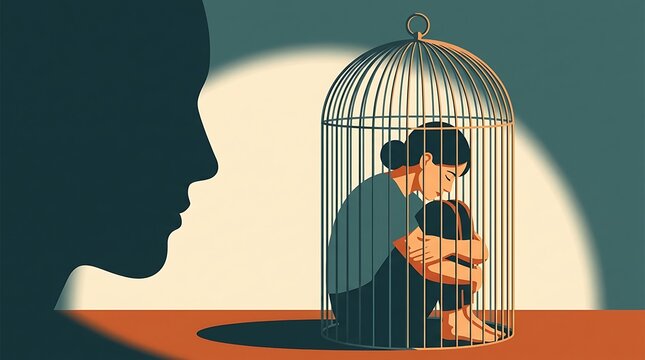 A woman is trapped in a cage with a large silhouette of a controlling figure for a concept of domestic violence.