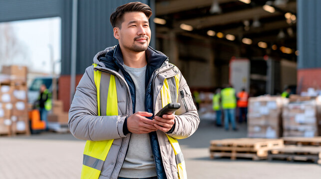 Warehouse worker using smartphone outside a distribution center, wearing a reflective safety vest and managing logistics, inventory and shipping operations