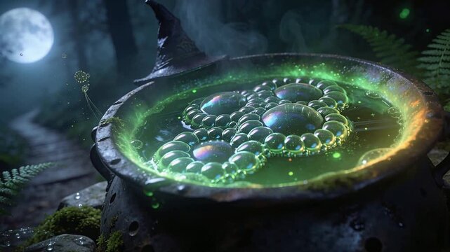 Bubbling cast-iron cauldron reacting to full moon in forest forming shiny green potion bubbles