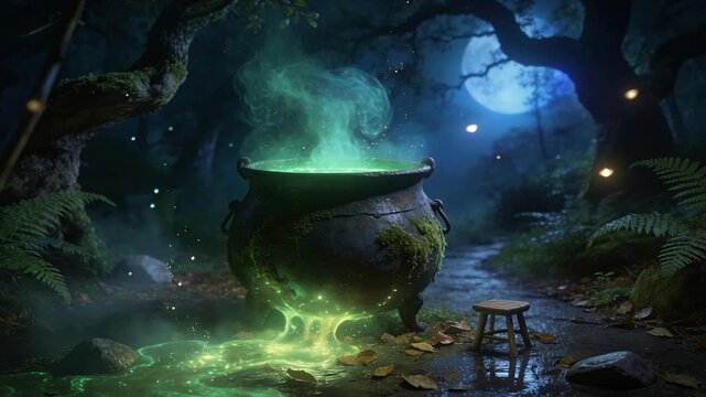 Seeping mossy iron cauldron pouring green liquid, vapor across wet soil moonlit forest, stool right