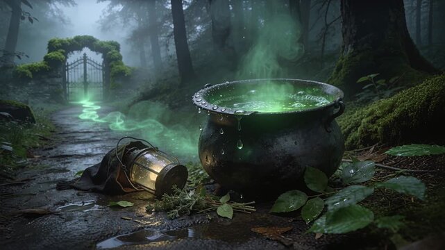 Simmering cast-iron cauldron sending glowing green vapor toward mossy gate on path with lantern
