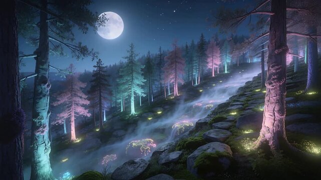 Showing moonlit mossy forest hillside with frames progressing, mist drifting, mushrooms pulsing