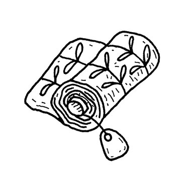 Hand-drawn line art icon illustration of a fabric roll with leaf pattern and label tag, isolated on transparent background for sewing studio, textile design, tailor shop, game UI, and RPG inventory.