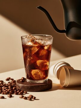 iced cold brew coffee in clear glass filled with ice cubes standing on round stone coaster with coffee beans and pouring kettle warm minimalist studio lighting refresh cold beverage photography