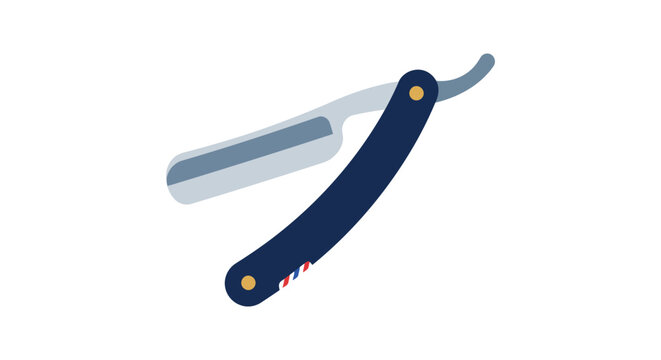 Straight razor with a dark blue handle is depicted in a flat vector style