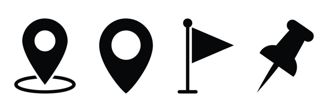 Set of black map navigation icons including location markers a flag and a push pin for design
