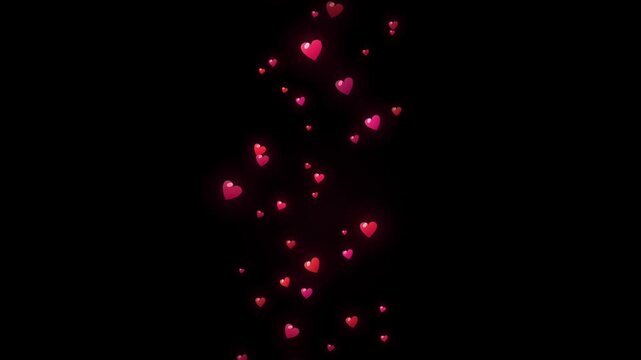 Floating red and pink hearts on black background with glowing effect