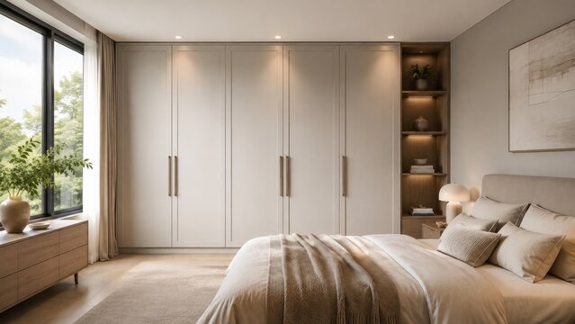 Neutral modern bedroom with large built-in wardrobes, cozy bed with soft linens, natural window light, wooden dresser, bedside lamp and recessed shelving