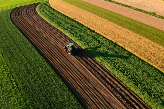 Tractor working on striped agricultural fields with green buffer zones aerial view
