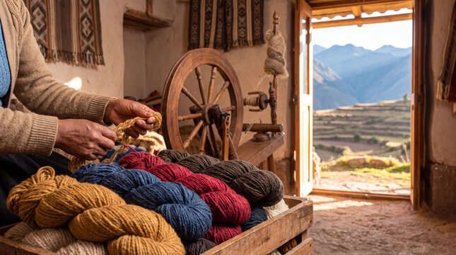 Traditional wool spinning workshop with colorful yarn and mountain view