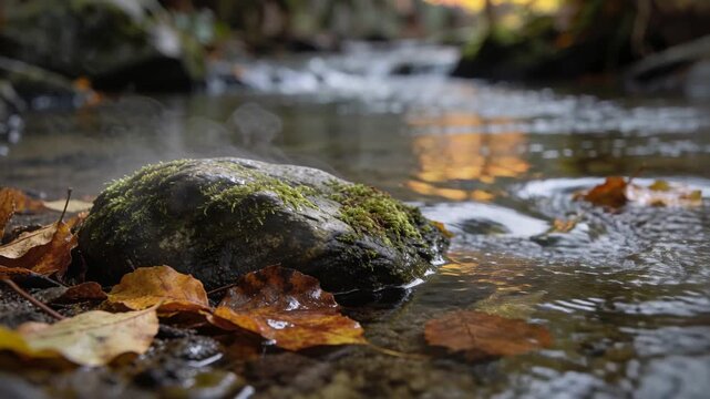 Rippling gentle current carrying ripples past mossy rock in shallow stream, lifting wet fall leaves