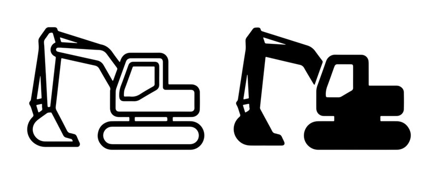Excavator line icon and silhouette set for construction and industry, heavy machinery and digging tools