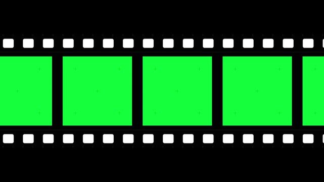 Film strip with green screen frames and tracking markers, ideal for chroma key compositing