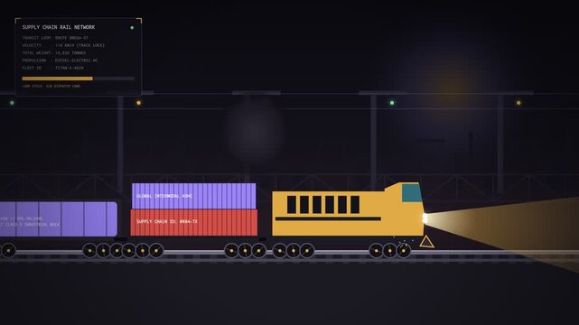 2D animated freight train transporting cargo containers at night with digital HUD telemetry overlay, representing global logistics and supply chain rail transport