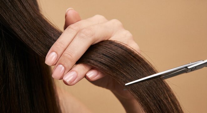 Hairdresser cutting strand of dark brown hair with professional steel scissors for healthy ends treatment and split ends removal