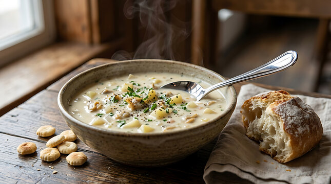 Photorealistic New England clam chowder, creamy ivory soup filled with tender clams, diced potatoes and herbs, served in a rustic ceramic bowl with oyster crackers and crusty bread