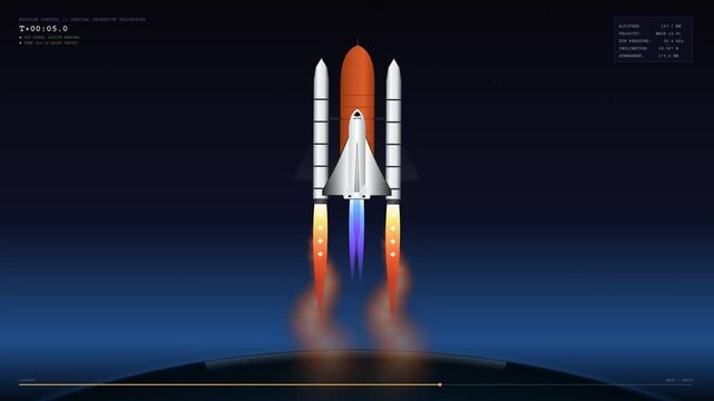 Animated space shuttle launching into orbit with bright rocket boosters and telemetry data on screen