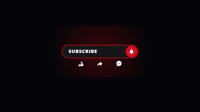 Animated youtube subscribe button with bell, like, share, and comment icons on dark background