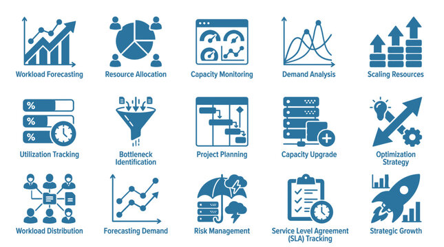 Business Resource Planning and Data Analysis Icon Set for Strategic Management and Growth Operations
