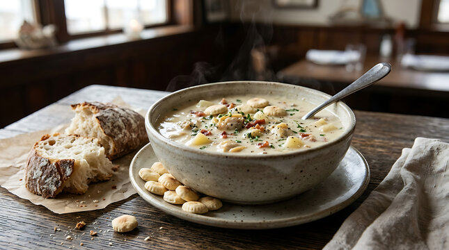 Photorealistic New England clam chowder, creamy ivory soup filled with tender clams, diced potatoes and herbs, served in a rustic ceramic bowl with oyster crackers and crusty bread