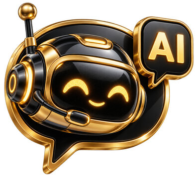 Gold AI chat support robot icon isolated on transparent background