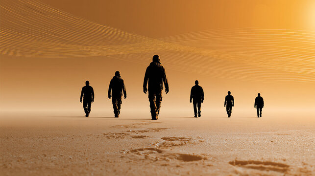 Artistic sequence of human silhouettes representing evolutionary development against a warm sunrise gradient, subtle DNA-inspired lines and ancient footprints in dusty ground,