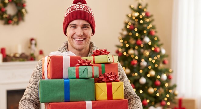 Happy young man holding stack of presents while smiling warmly during festive Christmas holiday celebration at home