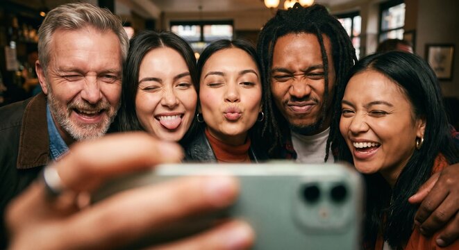 Diverse happy group of friends taking selfie with smartphone while making funny faces and enjoying social gathering in pub together