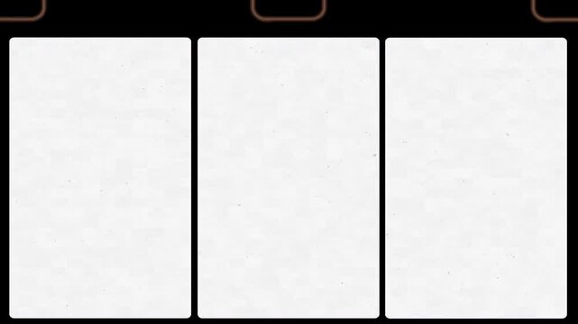 Three vintage film frames in a split screen with noise on light. Use multiply blend mode to fill each frame with video. Great for retro collages.