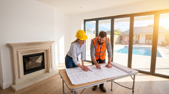 Male and female architects reviewing floor plans inside a modern renovated living room with large glass doors overlooking the patio pool