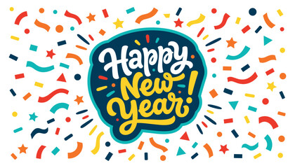 Happy New Year lettering with vibrant confetti explosion during celebration for festive greetings © Universal Icons Lab