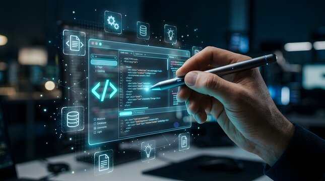Developer Writing Code on a Transparent Digital Interface