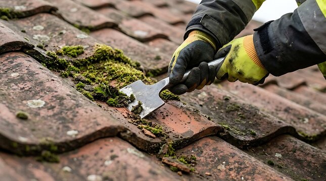 Worker removing moss and lichen from terracotta roof tiles with tool during daylight
