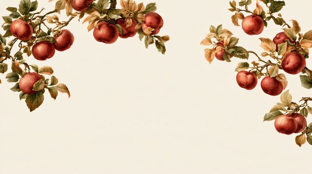 Hand-painted apple branches with muted red fruit and fading green-gold leaves extend around two corners, creating a sophisticated harvest-inspired border with a completely open center