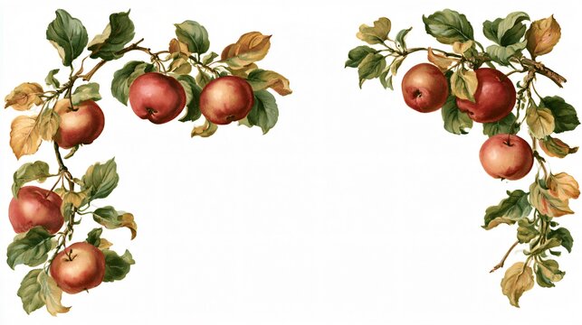 Hand-painted apple branches with muted red fruit and fading green-gold leaves extend around two corners, creating a sophisticated harvest-inspired border with a completely open center