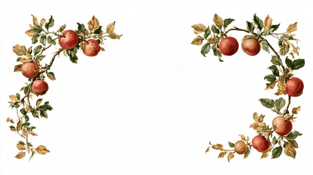 Hand-painted apple branches with muted red fruit and fading green-gold leaves extend around two corners, creating a sophisticated harvest-inspired border with a completely open center