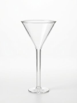 Clear martini glass with long stem and wide rim on white background