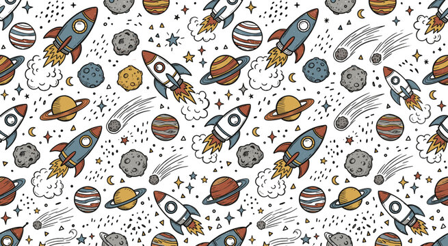drawn kids vintage space seamless pattern background with rocket spaceship planets stars comet galaxy doodle sketch illustration