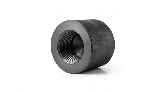 Graphite electrode socket joint with internal taper thread for electric arc furnace (EAF) steelmaking column connection, isolated on white background.