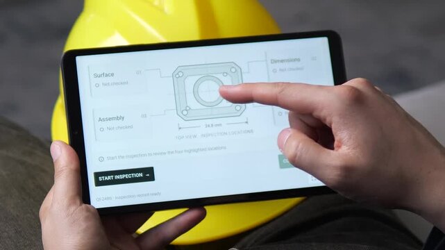 Factory worker begins a digital quality inspection on a tablet, reviewing surface, dimensions, assembly and labeling of a precision component in modern manufacturing.