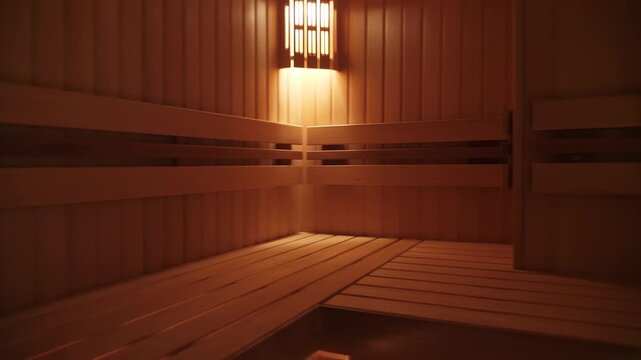 Interior view of empty sauna bath. Wooden spa cabin. Nobody