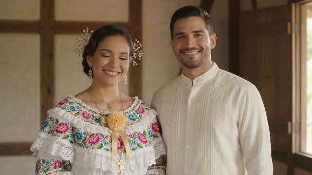 Couple posing in festive dress, Panama pollera and camisilla with tembleques, White cotton and vivid floral needlework with ruffled neckline, The couple turning to camera