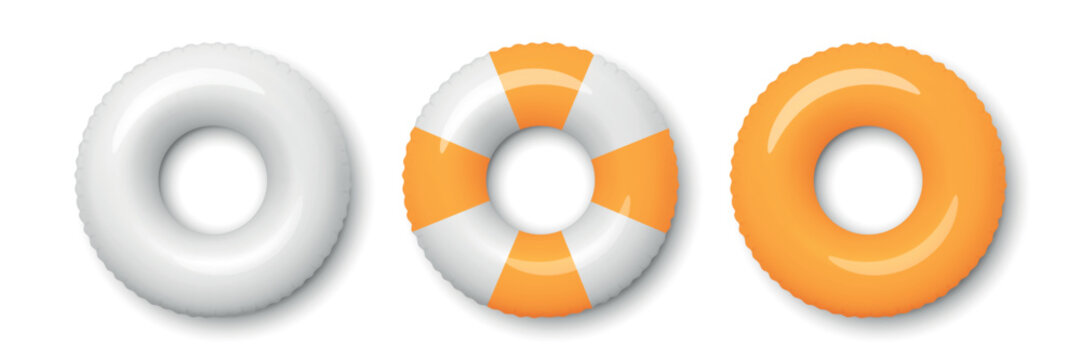 Swim Ring Set, 3d Vector Illustration. Inflatable Swim Ring Collection, Front View. White Orange Pool Float and Lifebuoy Rings for Beach, Pool Party, Summer Vacation, Water Safety, Swimming Design
